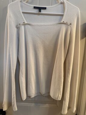 White House Black Market Cream Square-Neck Ribbed Knit Top with Stud Detail